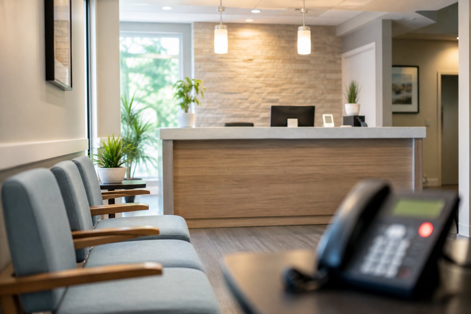 Empty clinic waiting room and reception desk when after-hours calls go unanswered
