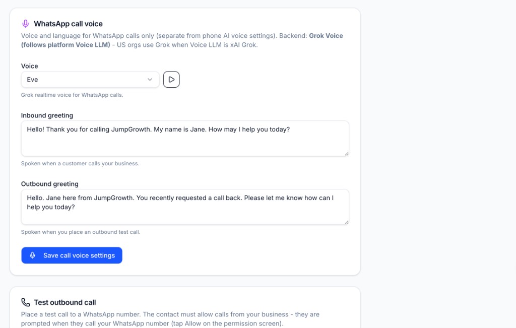 AptaBook WhatsApp call voice settings with greeting and voice selection