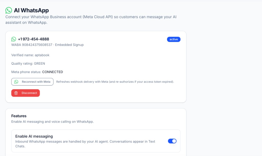 AptaBook AI WhatsApp messaging settings showing connected Business account